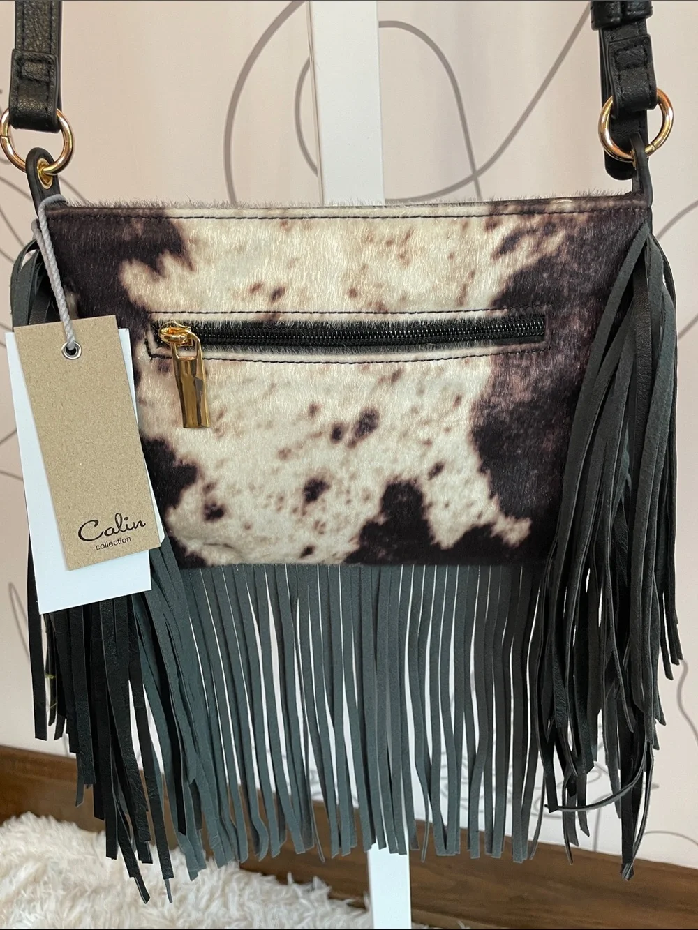 Fringed Calf Hair Cow Printed Crossbody Bag in Cream & Brown w/ Black Strap